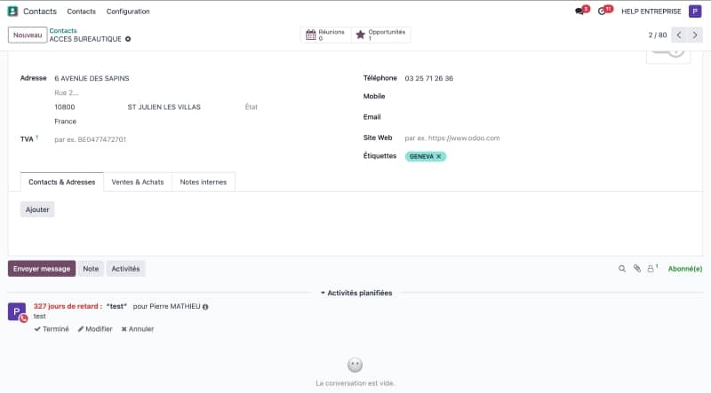 Capture d’écran du CRM Odoo gratuit – article Help ! sur la gestion des prospects